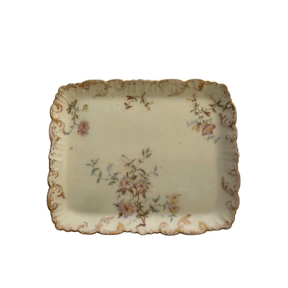 Antique French Porcelain Floral Tray Scalloped Gold Gilt‎ Trinket Dish France